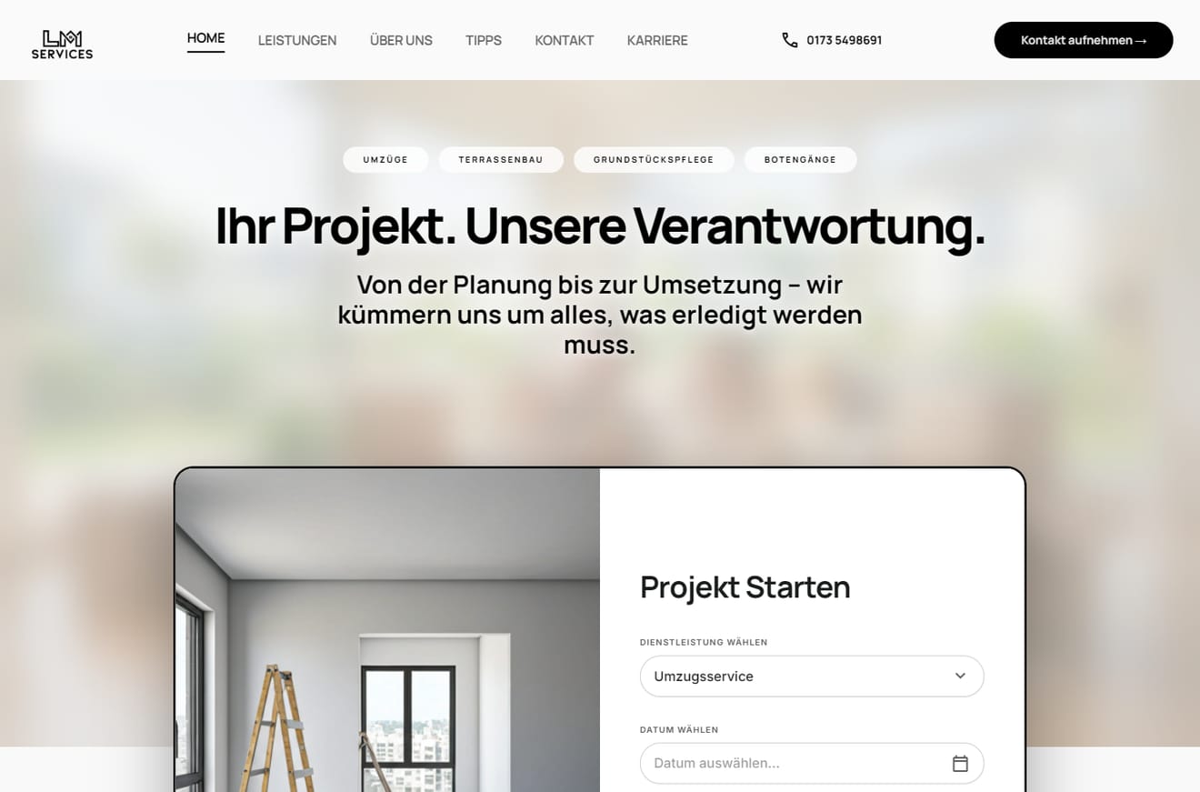 Startseite der neuen Website von LM Services: Kopfzeile mit Telefonnummer und Anruf-Symbol, Menüpunkt Karriere, darunter die Überschrift „Ihr Projekt. Unsere Verantwortung.“ und ein Anfrageformular mit Auswahl der Dienstleistung.