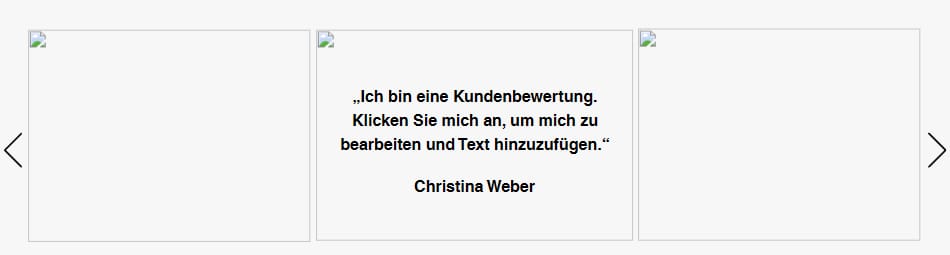 Bewertungsbereich der alten Website: drei leere Kacheln, in der mittleren steht der Beispieltext des Baukastens „Ich bin eine Kundenbewertung. Klicken Sie mich an, um mich zu bearbeiten und Text hinzuzufügen.“ mit dem erfundenen Namen Christina Weber.