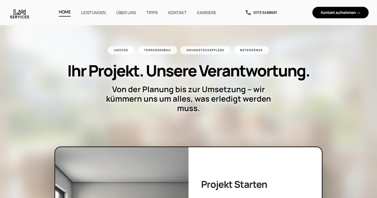 Startseite der neu gestalteten Website von LM Services, dargestellt auf einem Mac-Bildschirm